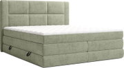 Groen gestoffeerd boxspringbed met hoog, vierkant gecapitonneerd hoofdbord en wit matras, weergegeven in schuin vooraanzicht