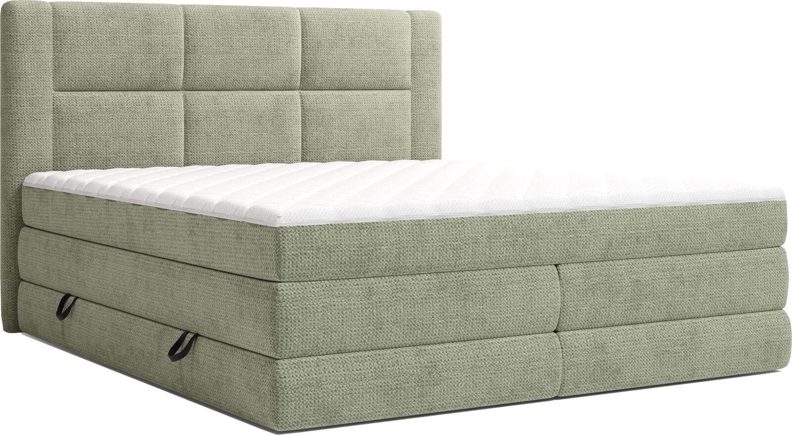Groen gestoffeerd boxspringbed met hoog, vierkant gecapitonneerd hoofdbord en wit matras, weergegeven in schuin vooraanzicht