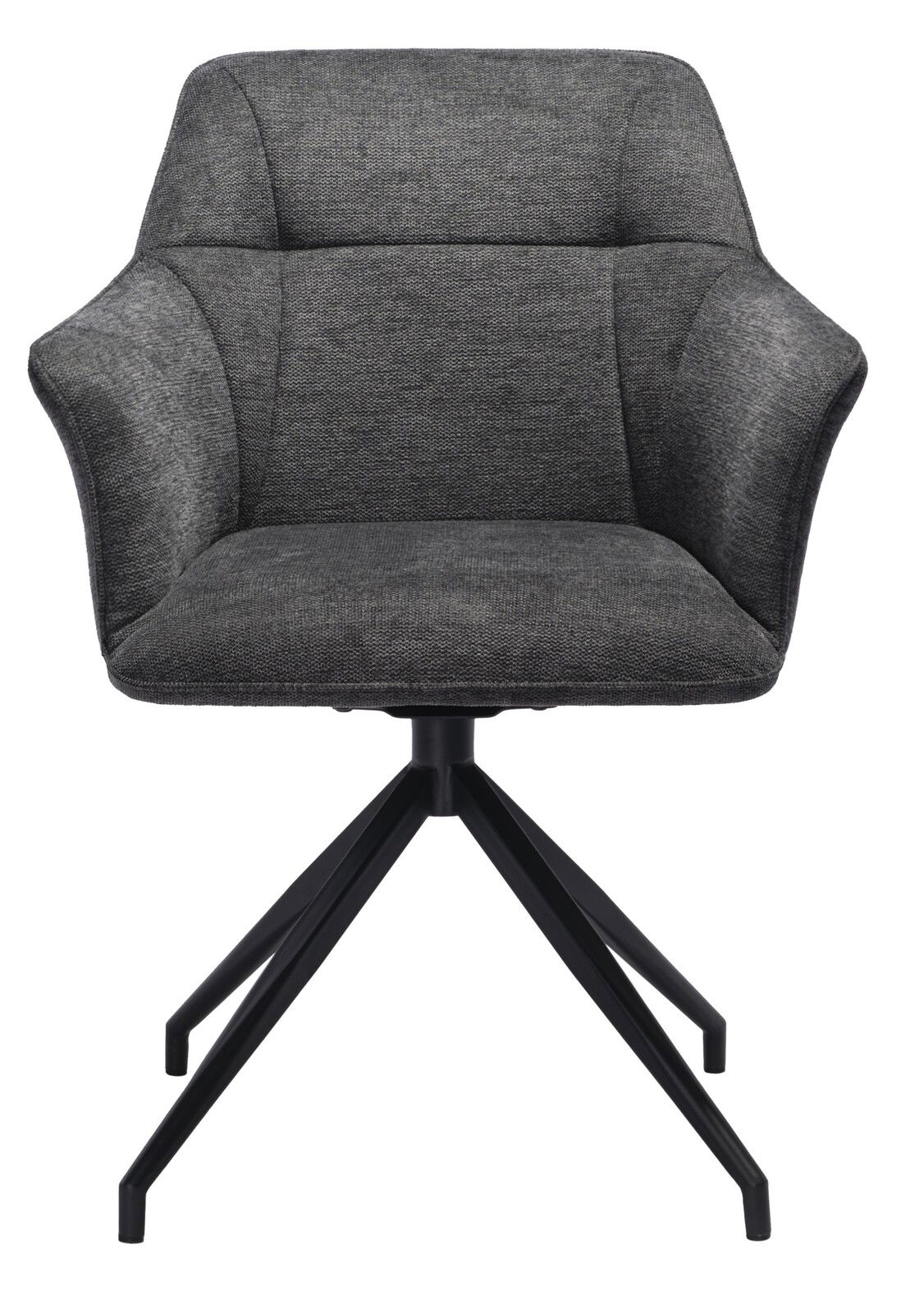 Grauer Armlehnstuhl mit schwarzem Metallgestell, Frontalansicht