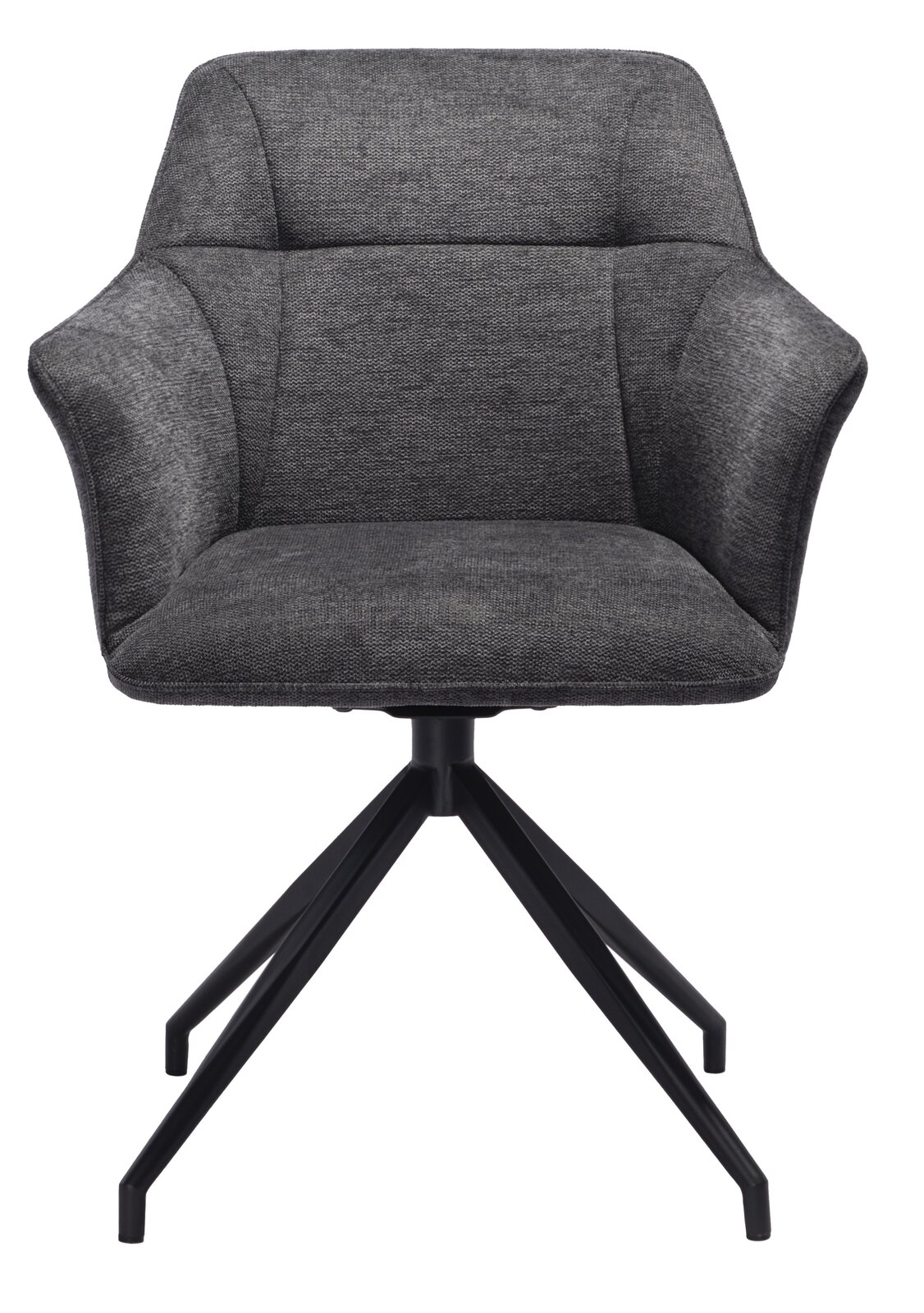 Grauer Armlehnstuhl mit schwarzem Metallgestell, Frontalansicht