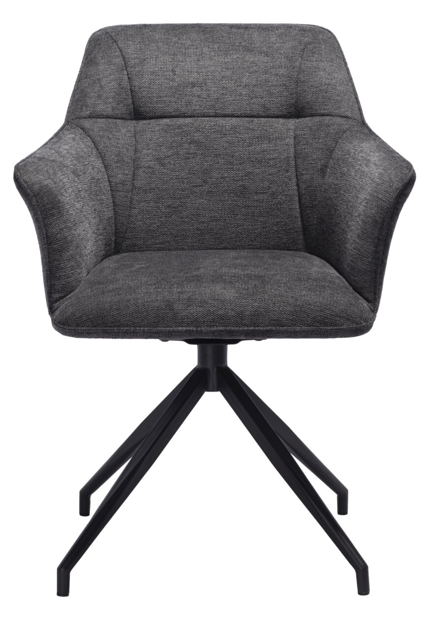 Grauer Armlehnstuhl mit schwarzem Metallgestell, Frontalansicht
