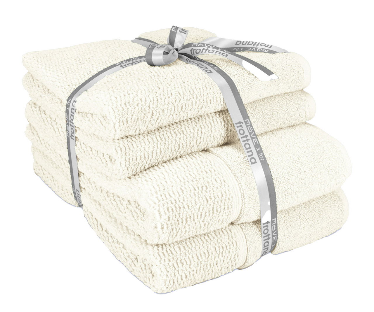 Vier-teiliges Handtuchset in Elfenbeinfarbe, gestapelt und mit einem grauen Band zusammengebunden, seitliche Perspektive.