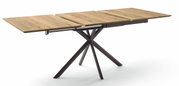 Moderne eettafel met uitschuifbaar houten blad en metalen onderstel, zijaanzicht