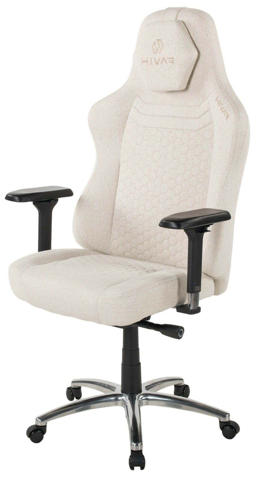 Beiger Gaming Stuhl mit ergonomischem Design, verstellbaren Armlehnen und stabiler Metallbasis, seitliche Perspektive