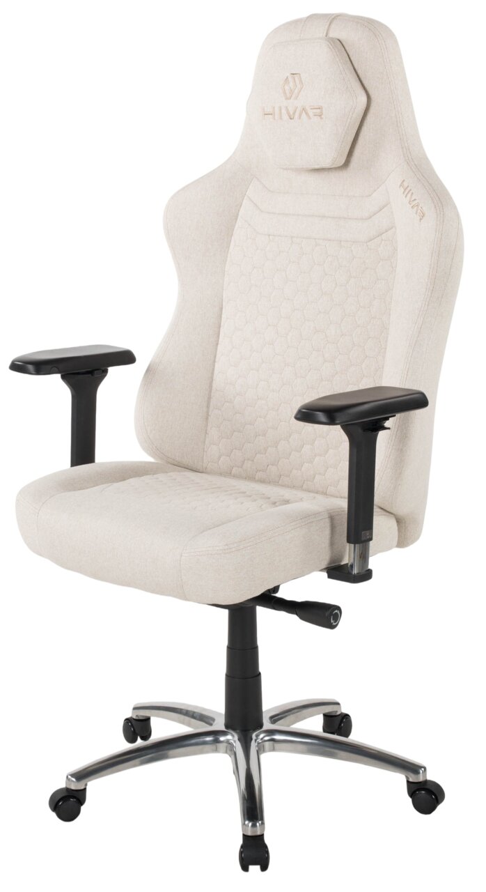 Beiger Gaming Stuhl mit ergonomischem Design, verstellbaren Armlehnen und stabiler Metallbasis, seitliche Perspektive