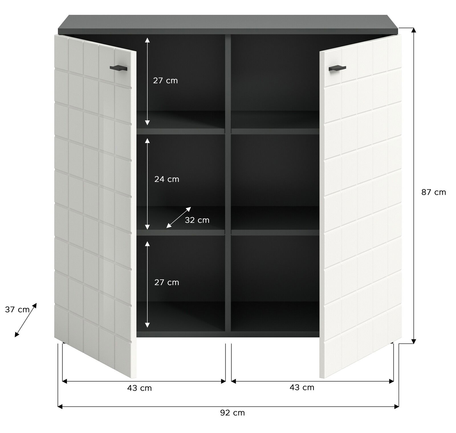 Kommode mit zwei geöffneten Türen, sechs Fächern und den Maßen 87 cm Höhe, 92 cm Breite und 37 cm Tiefe, Frontansicht