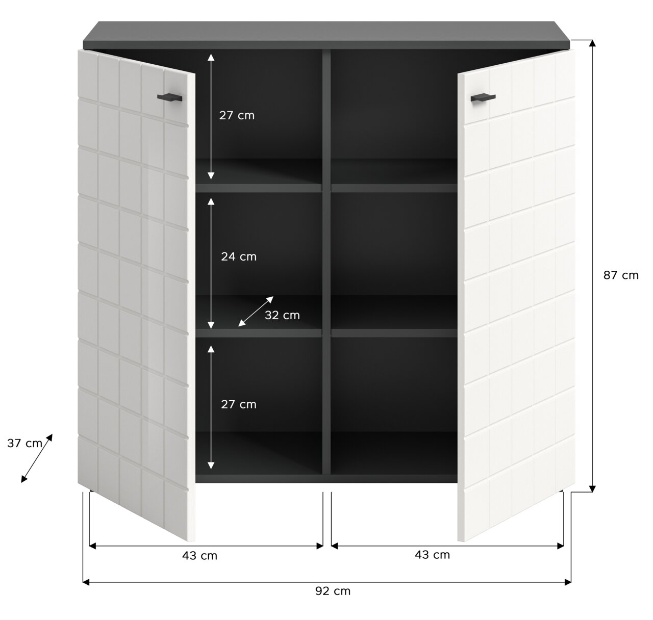 Kommode mit zwei geöffneten Türen, sechs Fächern und den Maßen 87 cm Höhe, 92 cm Breite und 37 cm Tiefe, Frontansicht