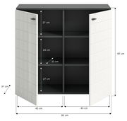 Kommode mit zwei geöffneten Türen, sechs Fächern und den Maßen 87 cm Höhe, 92 cm Breite und 37 cm Tiefe, Frontansicht