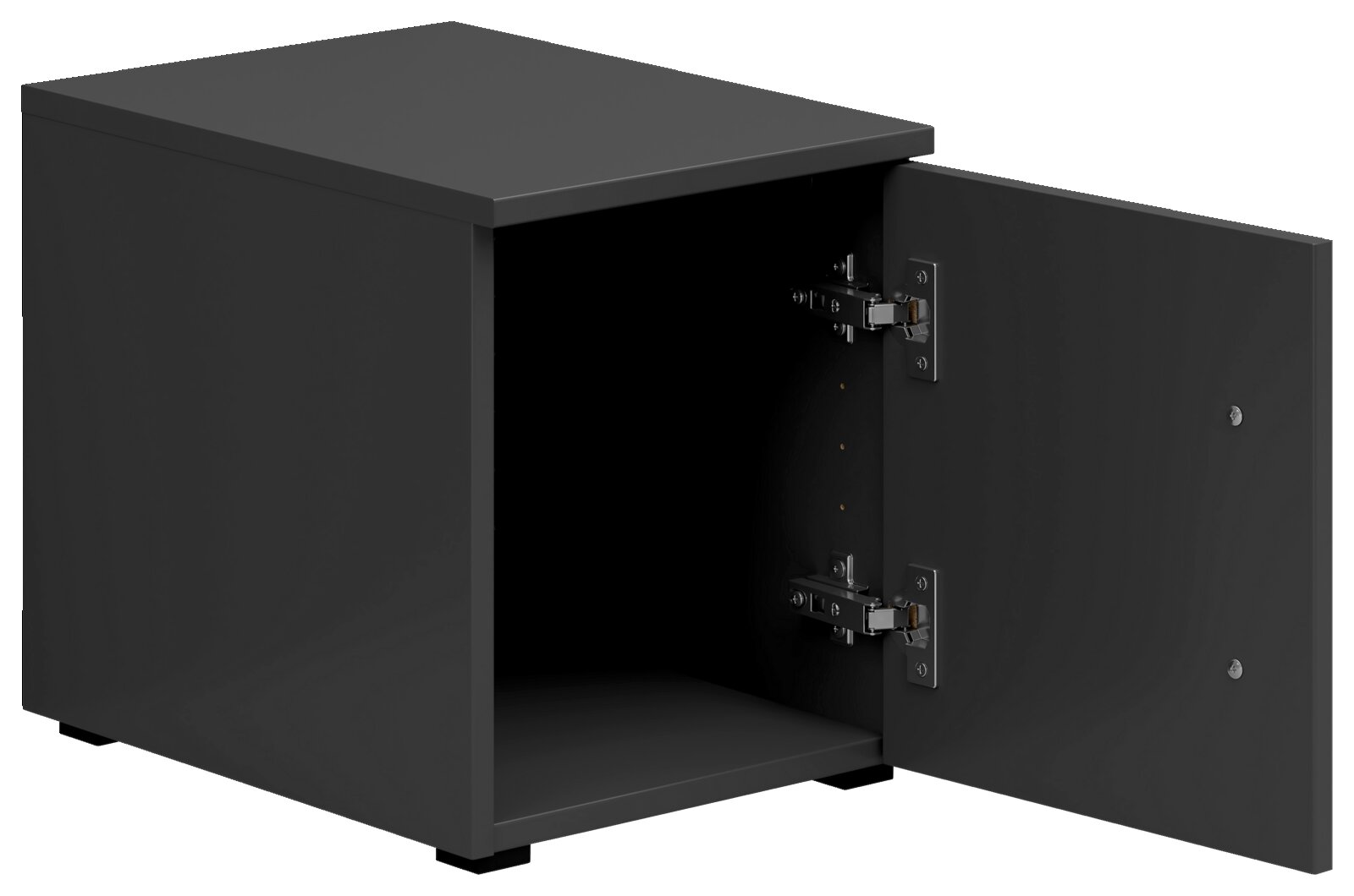 Schwarzer Aufsatzschrank mit geöffneter Tür, seitliche Perspektive