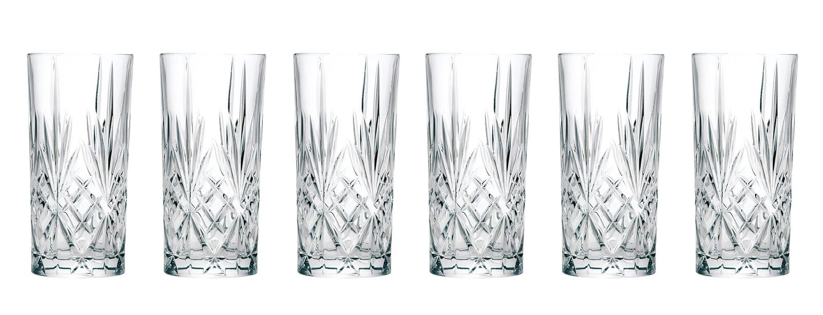 RCR Italia Longdrinkglas 6er-Set MELODIA Sechs elegante Longdrinkgläser der Serie Melodia mit Kristallschliff, frontal nebeneinander aufgereiht.