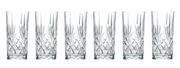 Sechs elegante Longdrinkgläser der Serie Melodia mit Kristallschliff, frontal nebeneinander aufgereiht.