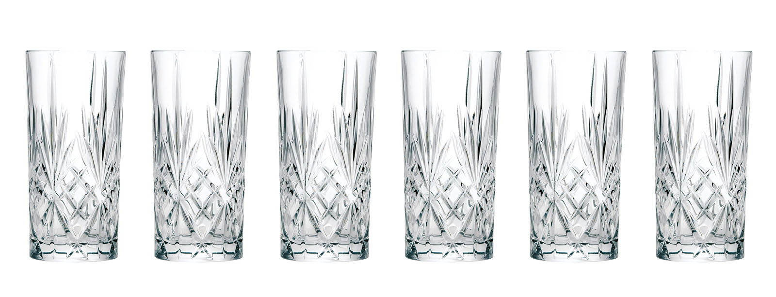 RCR Italia Longdrinkglas 6er-Set MELODIA Sechs elegante Longdrinkgläser der Serie Melodia mit Kristallschliff, frontal nebeneinander aufgereiht.