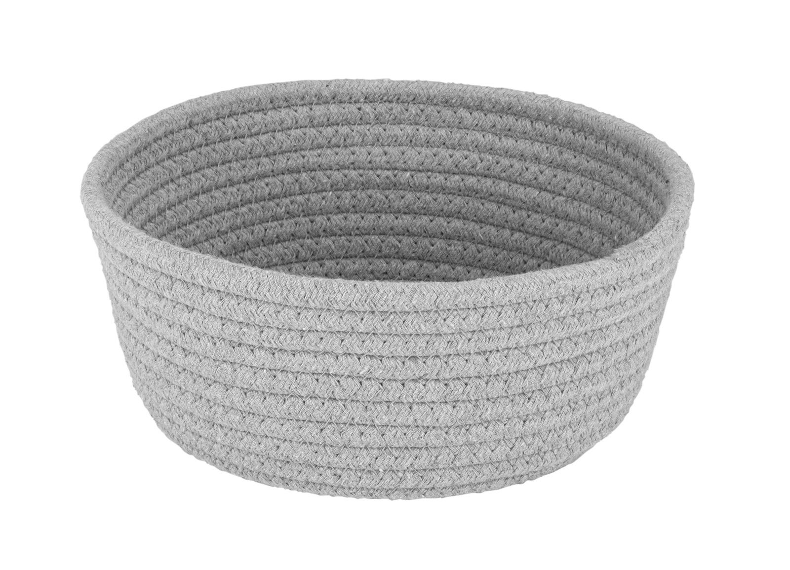 Grauer, runder Brotkorb aus geflochtenem Material, seitliche Perspektive