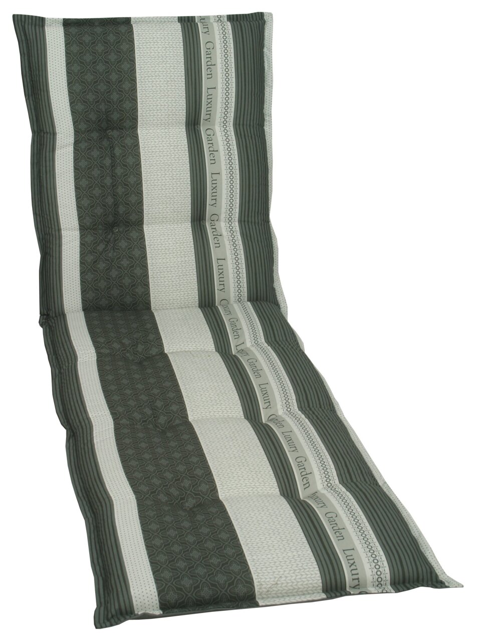 Grüne und weiße Rollliegenauflage mit Streifenmuster, von oben betrachtet.