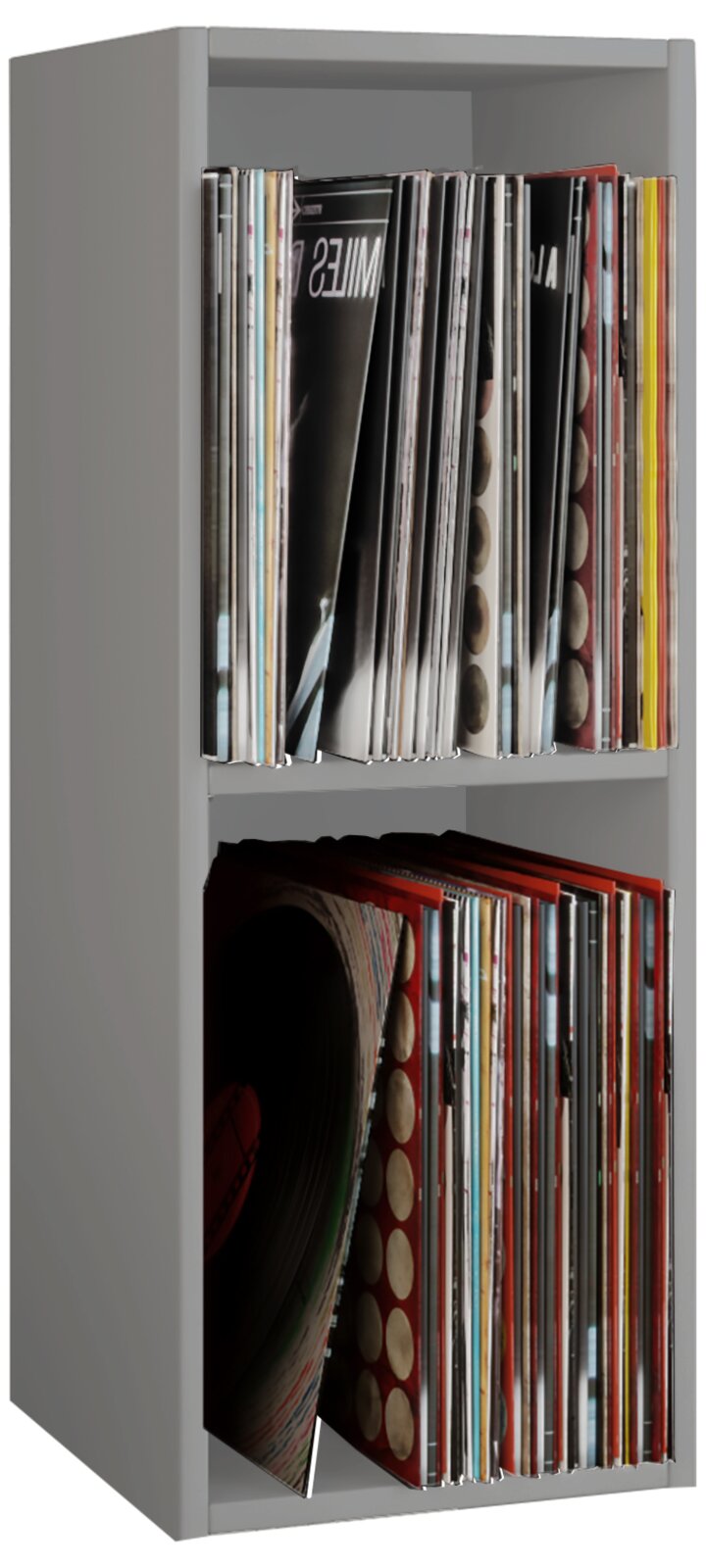 Graues Schallplattenregal mit zwei Fächern, gefüllt mit Vinyl-LPs; Ansicht schräg von vorne/seitlich.