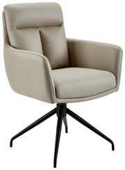 Beiger Armlehnstuhl mit schwarzem Metallgestell, seitliche Perspektive