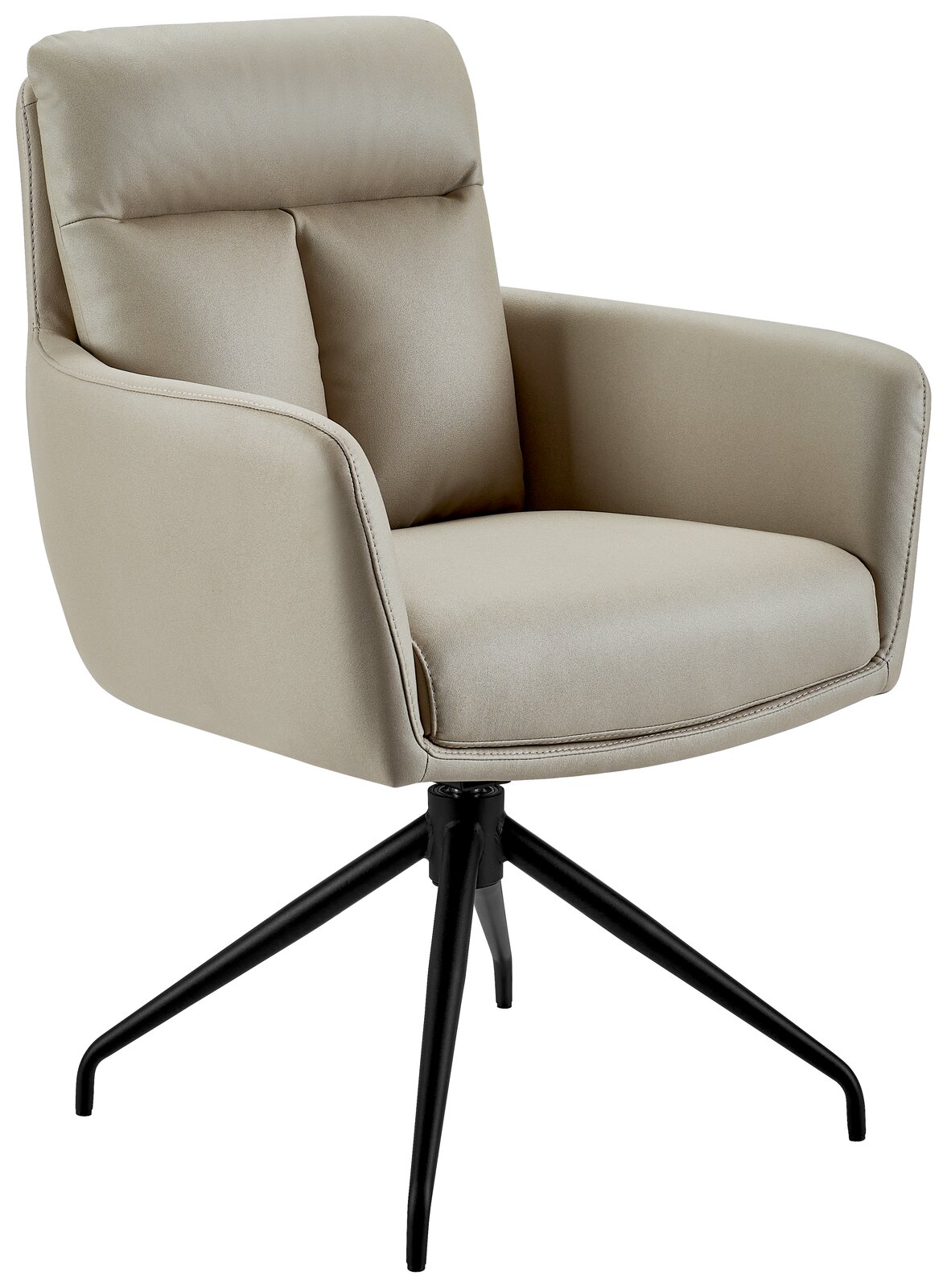 Beiger Armlehnstuhl mit schwarzem Metallgestell, seitliche Perspektive