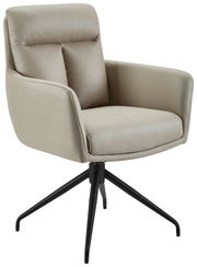 Beiger Armlehnstuhl mit schwarzem Metallgestell, seitliche Perspektive