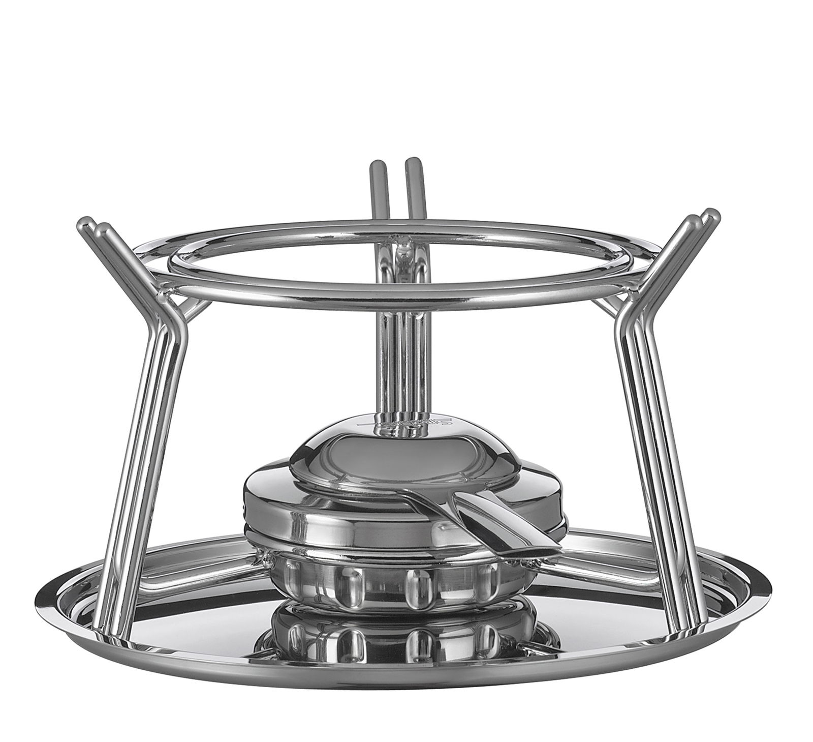 Fondue-Set aus Edelstahl, seitliche Perspektive