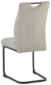 Rückansicht eines modernen Schwingstuhls mit hellgrauem, geripptem Stoffbezug und schwarzem Metallgestell.