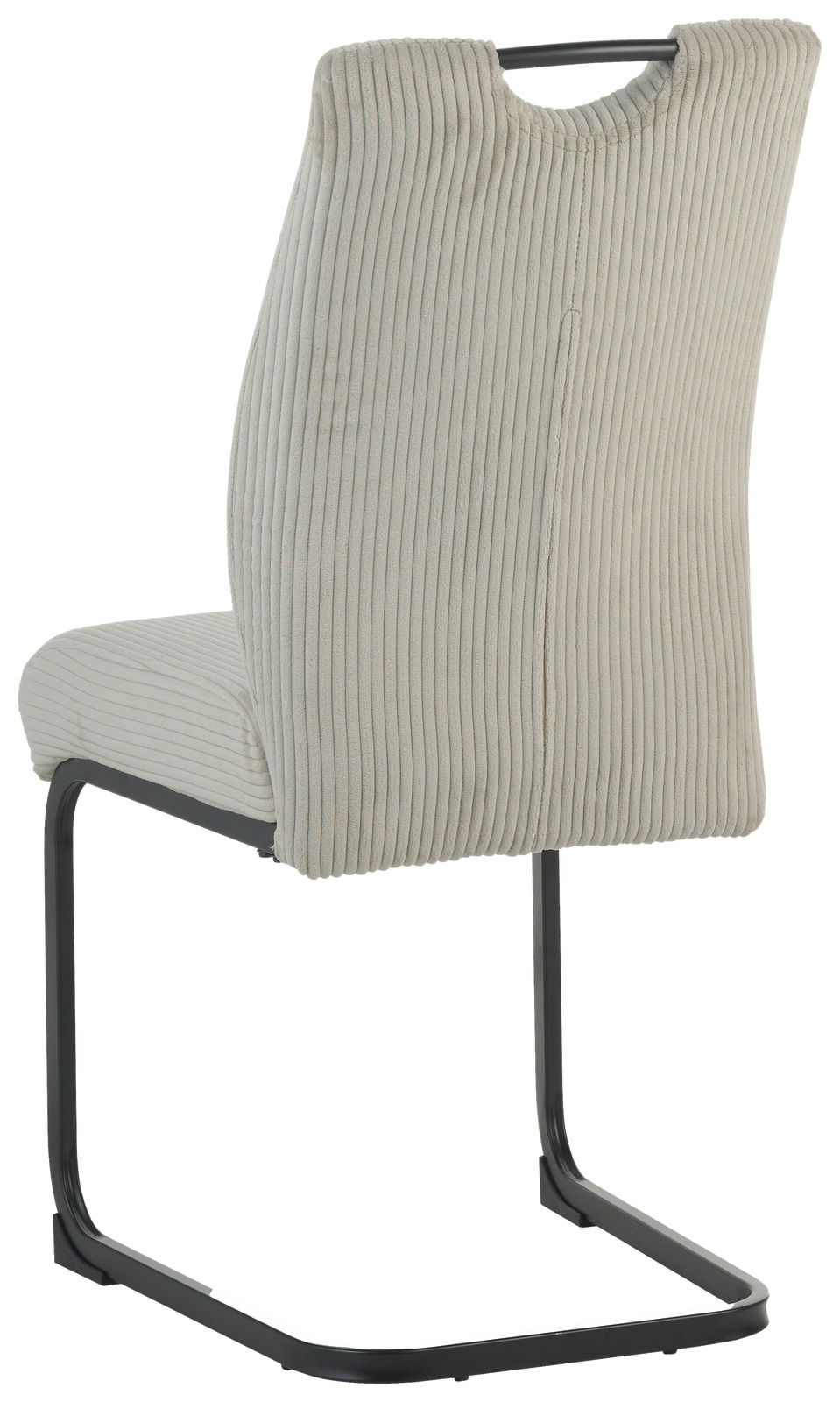 Rückansicht eines modernen Schwingstuhls mit hellgrauem, geripptem Stoffbezug und schwarzem Metallgestell.