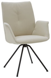 Moderne crèmekleurige fauteuil met zwart metalen frame, zijaanzicht
