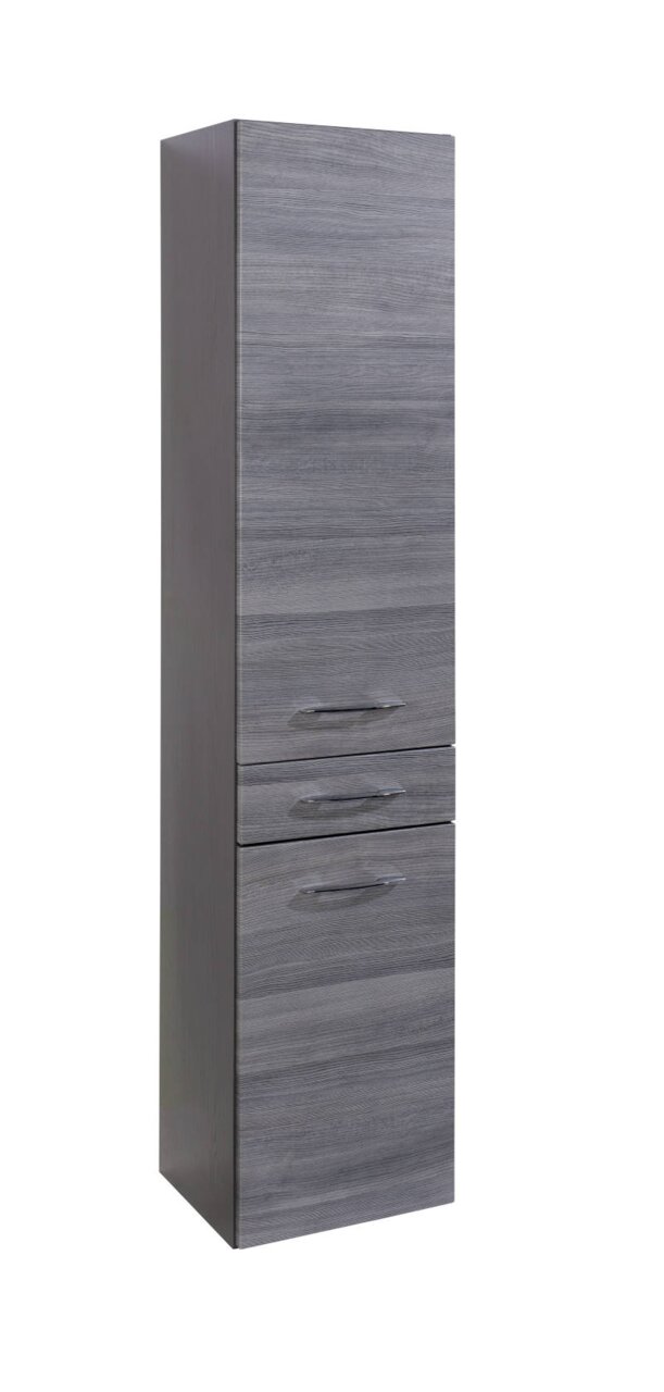 XORA Hoge kast FLORIDA Moderne hoge kast in grijze houtlook met twee lades en een deur, zijaanzicht.