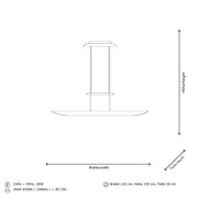Seitenansicht einer LED-Pendelleuchte mit den Maßen Breite 118 cm, Höhe 150 cm, Tiefe 18 cm. Technische Details: 230V, 50Hz, 18W, Farbtemperatur 3000-6500K, Lichtstrom 1980lm, CRI > 85.