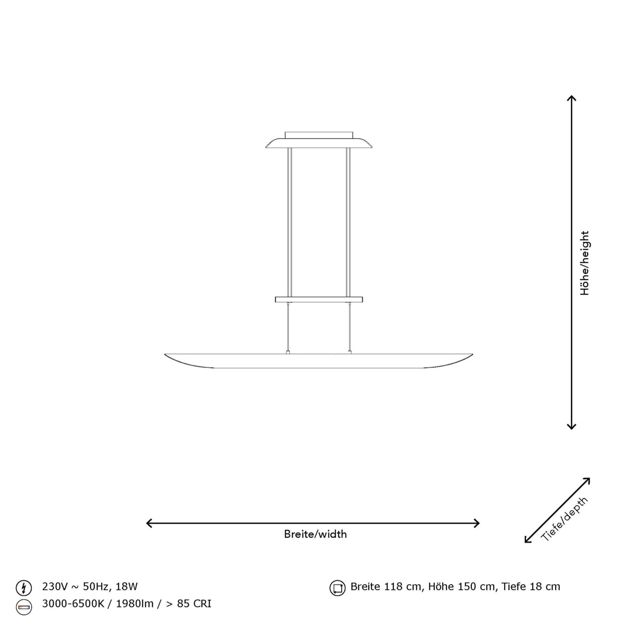 Seitenansicht einer LED-Pendelleuchte mit den Maßen Breite 118 cm, Höhe 150 cm, Tiefe 18 cm. Technische Details: 230V, 50Hz, 18W, Farbtemperatur 3000-6500K, Lichtstrom 1980lm, CRI > 85.