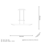 Seitenansicht einer LED-Pendelleuchte mit den Maßen Breite 118 cm, Höhe 150 cm, Tiefe 18 cm. Technische Details: 230V, 50Hz, 18W, Farbtemperatur 3000-6500K, Lichtstrom 1980lm, CRI > 85.
