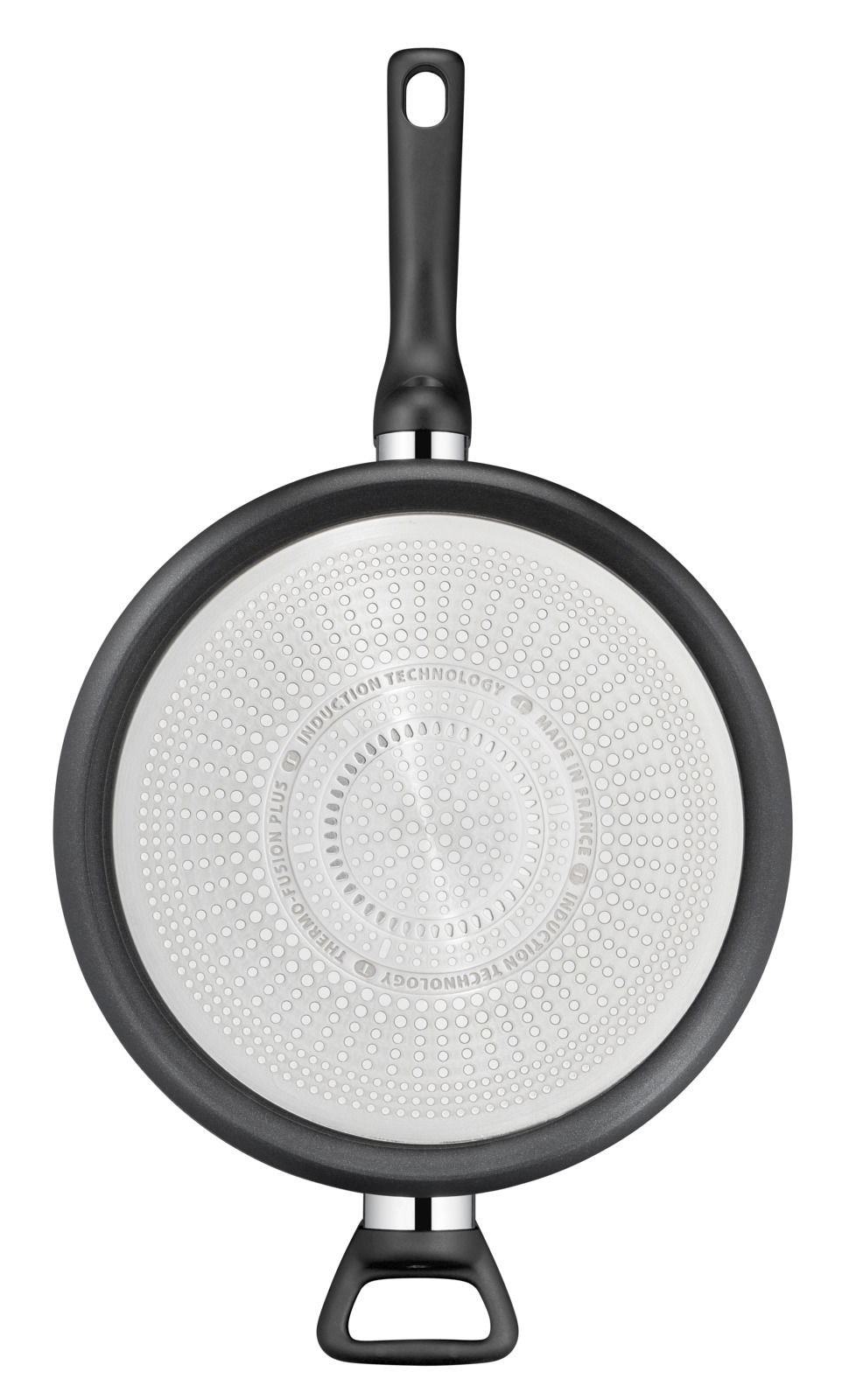 Schmorpfanne Titanium 28 cm, Ansicht von unten mit Induktionsboden und zwei Griffen.