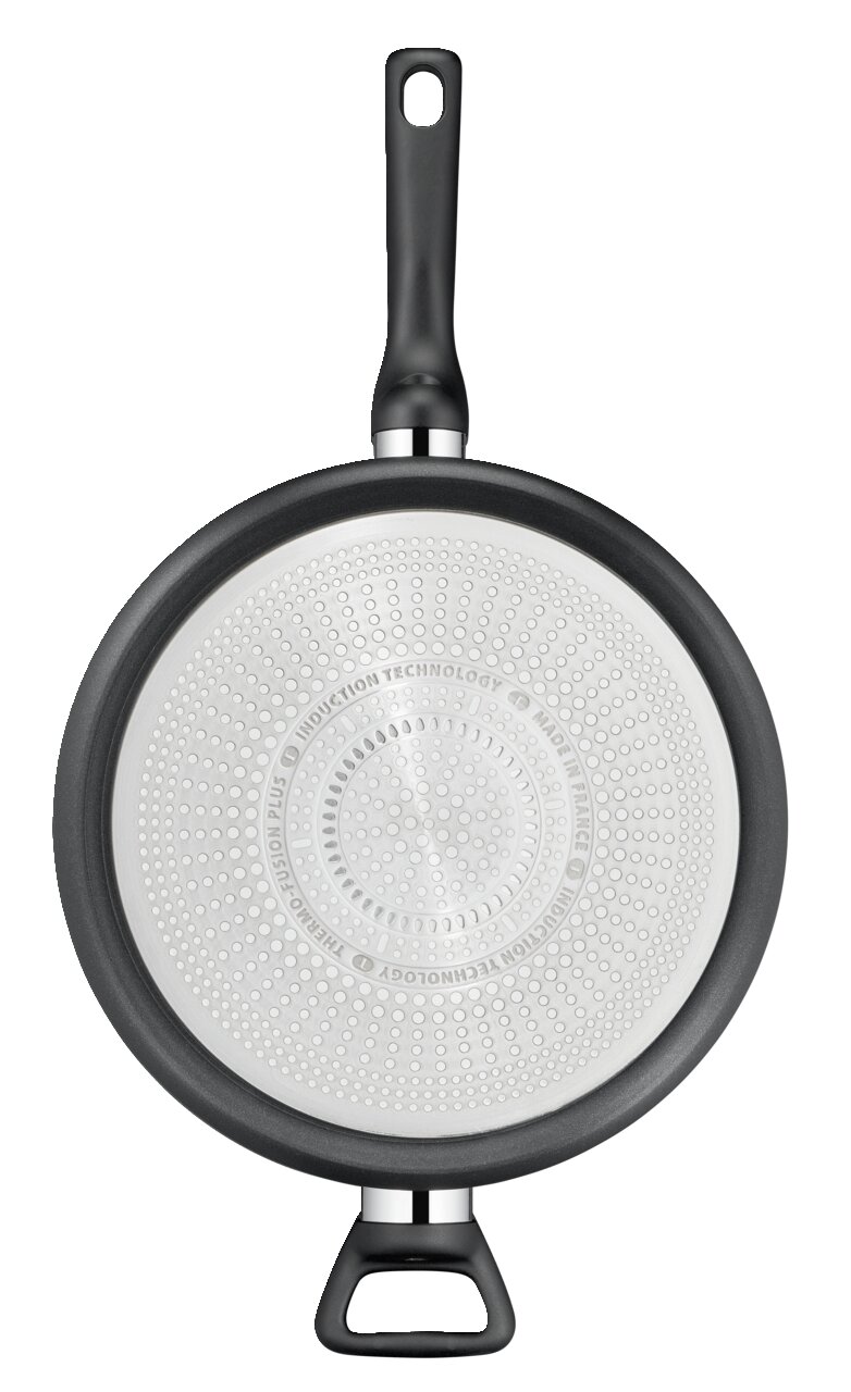 Schmorpfanne Titanium 28 cm, Ansicht von unten mit Induktionsboden und zwei Griffen.