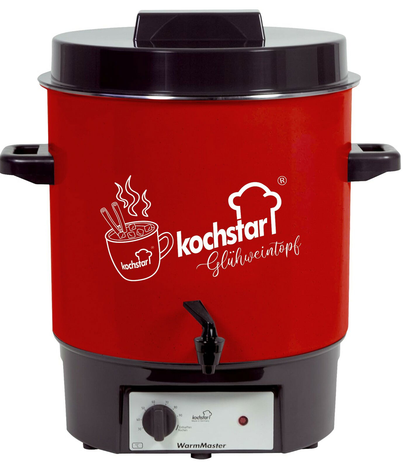 Roter Einkochautomat mit schwarzem Deckel und Griffen, Vorderansicht mit Kochstar-Logo und Glühweintopf-Aufschrift.