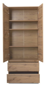 Mehrzweckschrank aus Holz mit geöffneter Frontansicht, drei Regalböden und zwei Schubladen.