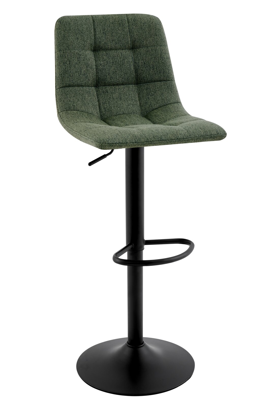 Groene barkruk met gestoffeerde zitting en rugleuning, zwart metalen frame en voetsteun, zijaanzicht
