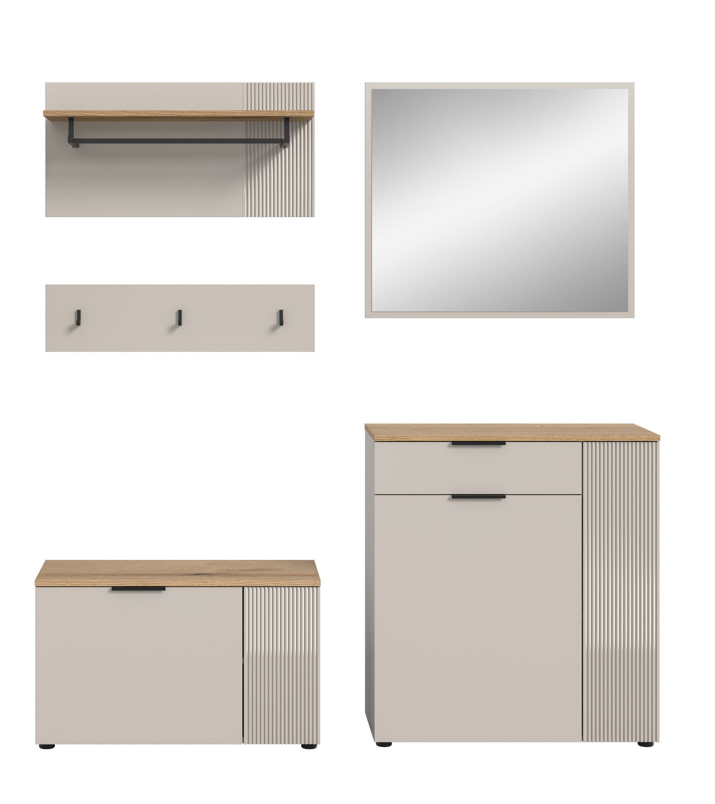 Garderobenkombination bestehend aus einem Spiegel, einer Wandgarderobe mit Haken, einem Regal mit Kleiderstange und zwei Schränken mit Holzoberfläche und modernen, gerillten Akzenten. Frontalansicht.