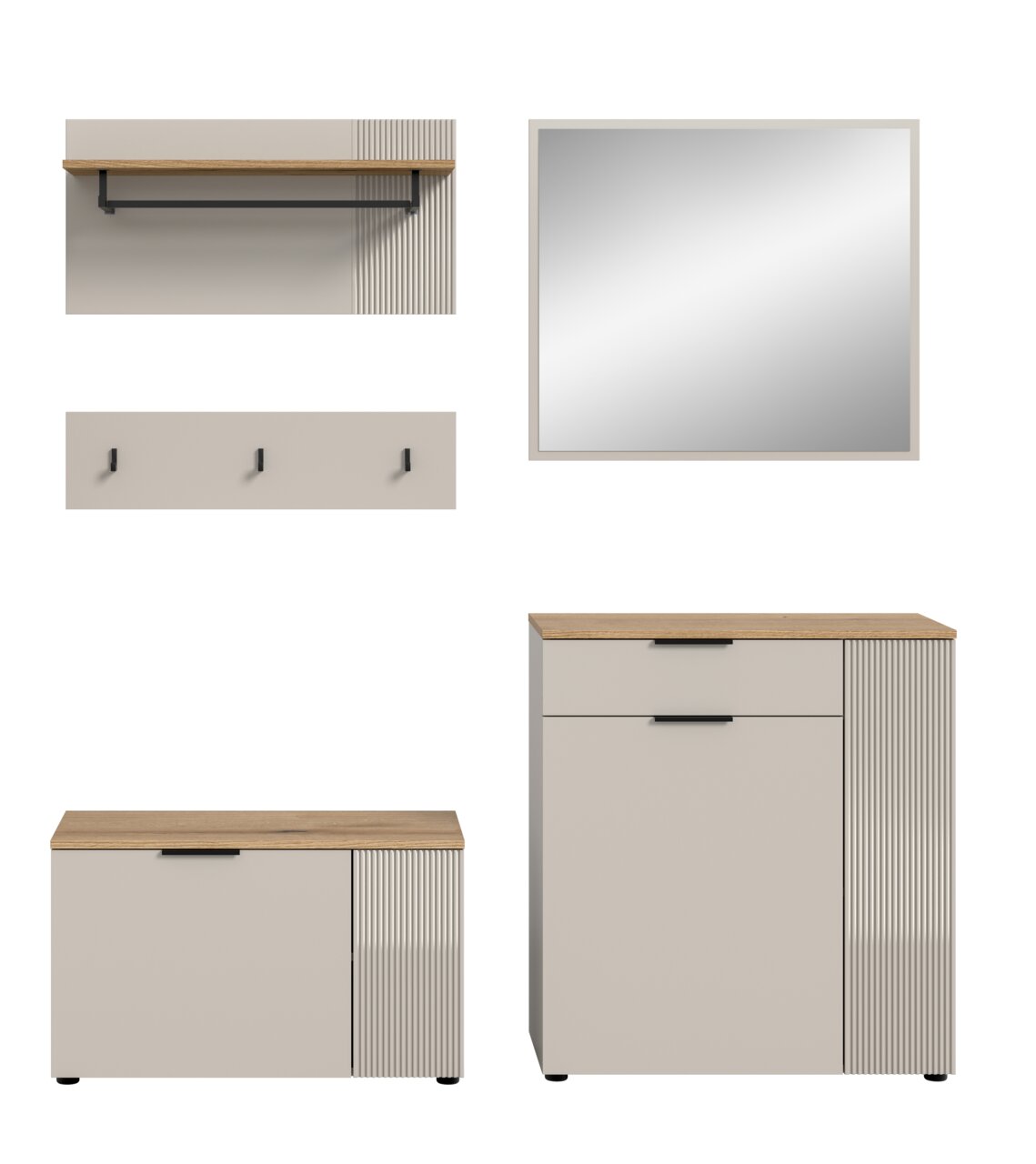 Garderobenkombination bestehend aus einem Spiegel, einer Wandgarderobe mit Haken, einem Regal mit Kleiderstange und zwei Schränken mit Holzoberfläche und modernen, gerillten Akzenten. Frontalansicht.