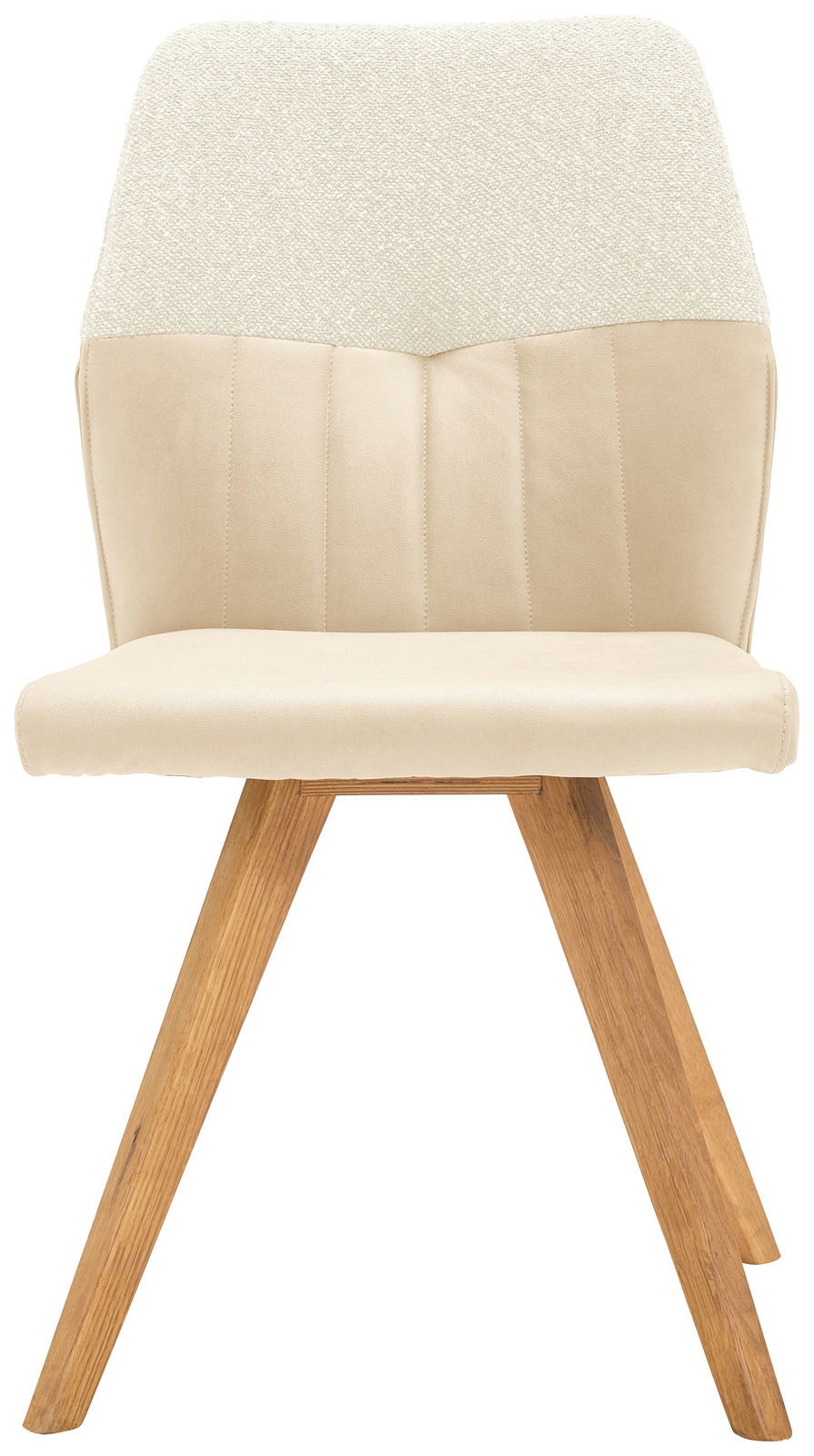 Moderner Stuhl mit cremefarbenem Polster und Holzbeinen, Frontalansicht