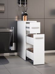 Schmaler weißer Bad-Rollcontainer mit zwei geöffneten Schubladen und Rollen, gefüllt mit Toilettenpapier, neben einem WC vor grauen Fliesen; Perspektive: frontale Seitenansicht leicht von oben.