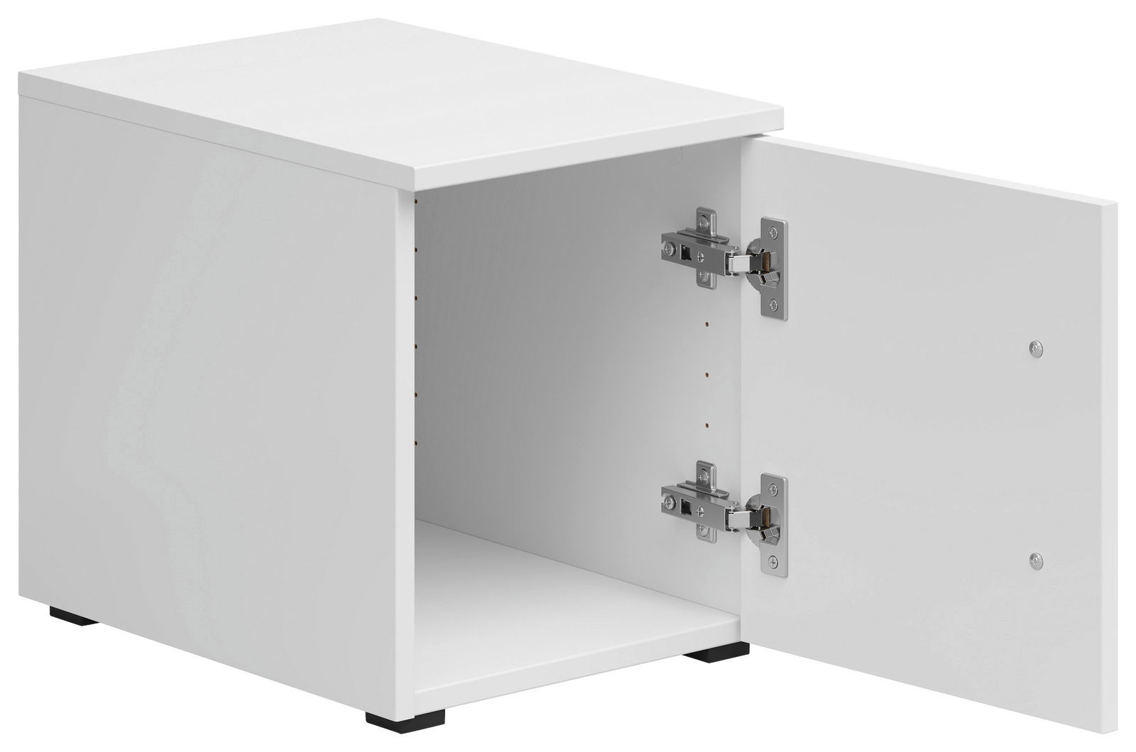 Weißer Aufsatzschrank mit geöffneter Tür, seitliche Perspektive