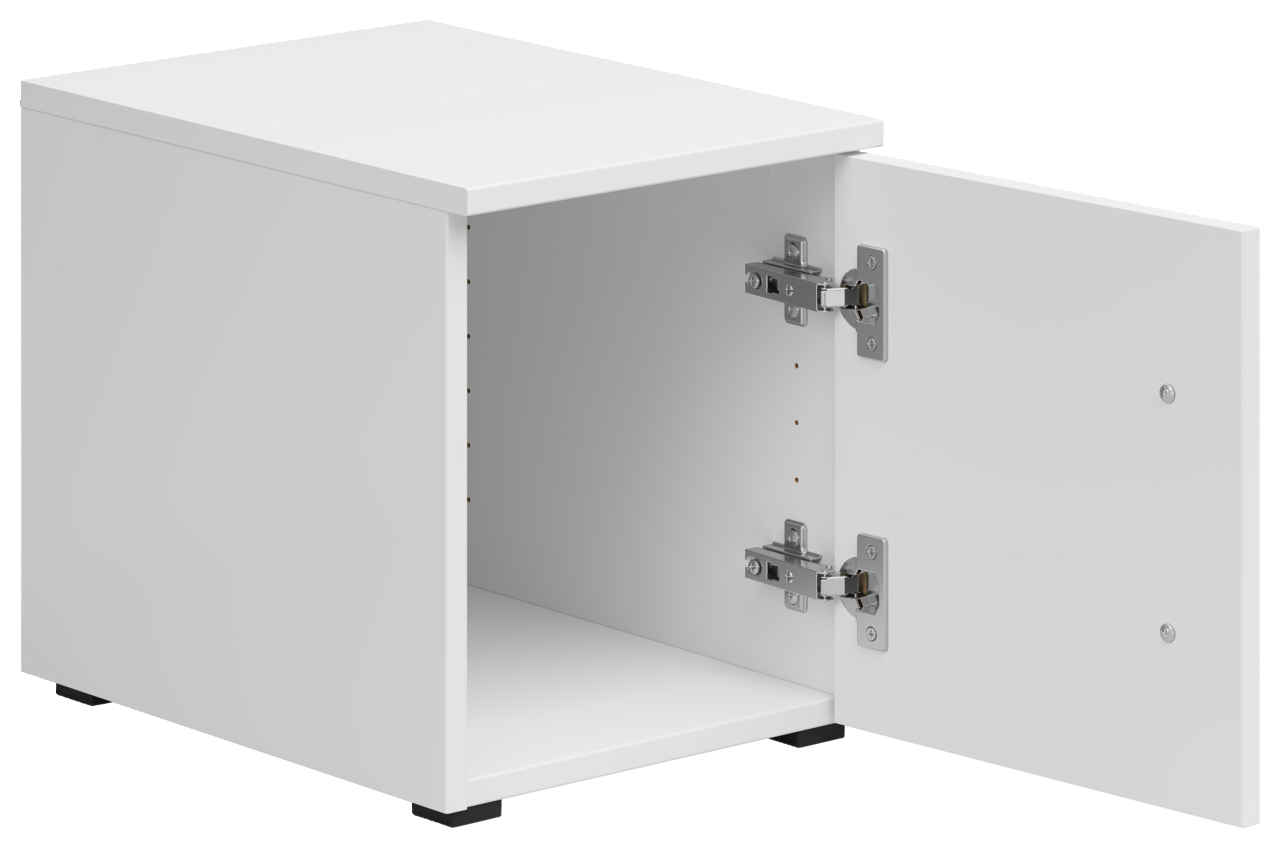 Weißer Aufsatzschrank mit geöffneter Tür, seitliche Perspektive