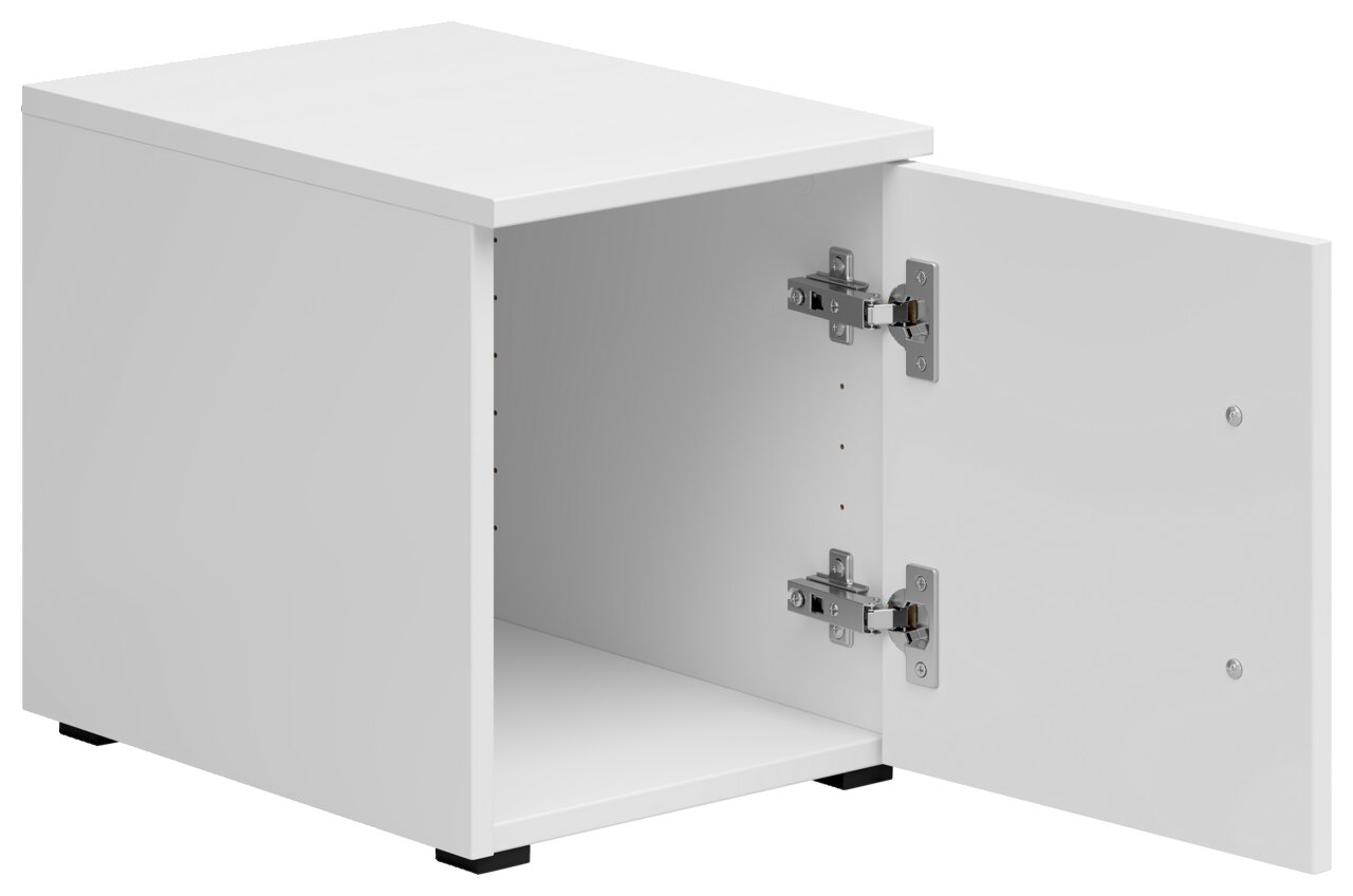 Weißer Aufsatzschrank mit geöffneter Tür, seitliche Perspektive