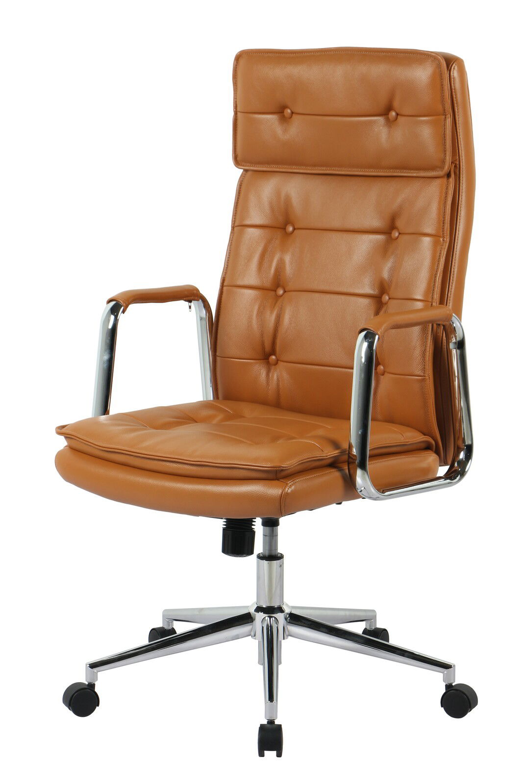 Brauner Chefsessel aus Leder mit verchromten Armlehnen und Rollen, seitliche Perspektive