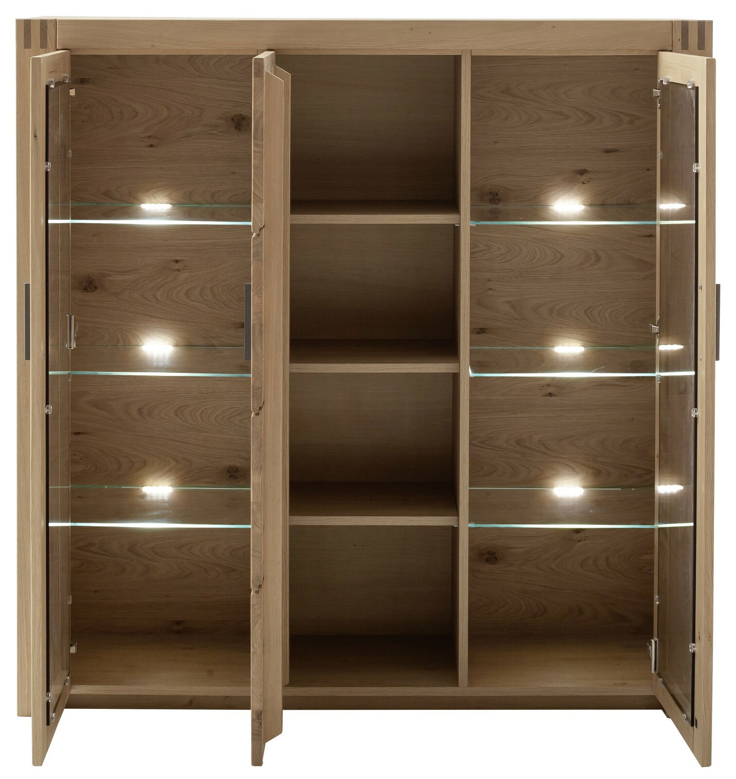 Geöffnetes Highboard aus Holz mit Glastüren und integrierter Beleuchtung, frontale Ansicht
