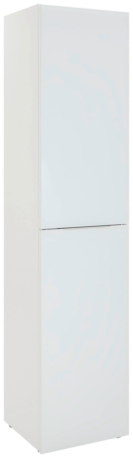 Weißer, schmaler Mehrzweckschrank mit zwei Türen, perspektivisch von vorne links fotografiert.