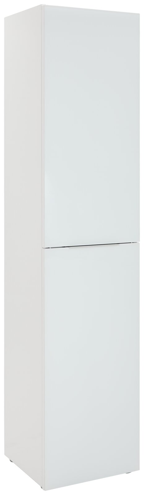 Voleo Mehrzweckschrank schmal MALIN Weißer, schmaler Mehrzweckschrank mit zwei Türen, perspektivisch von vorne links fotografiert.