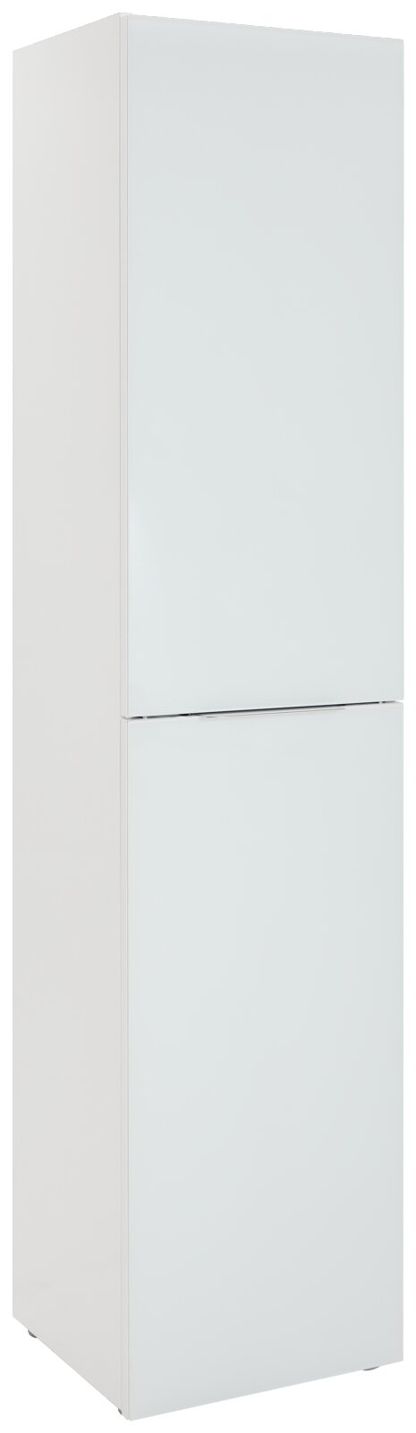 Weißer, schmaler Mehrzweckschrank mit zwei Türen, perspektivisch von vorne links fotografiert.