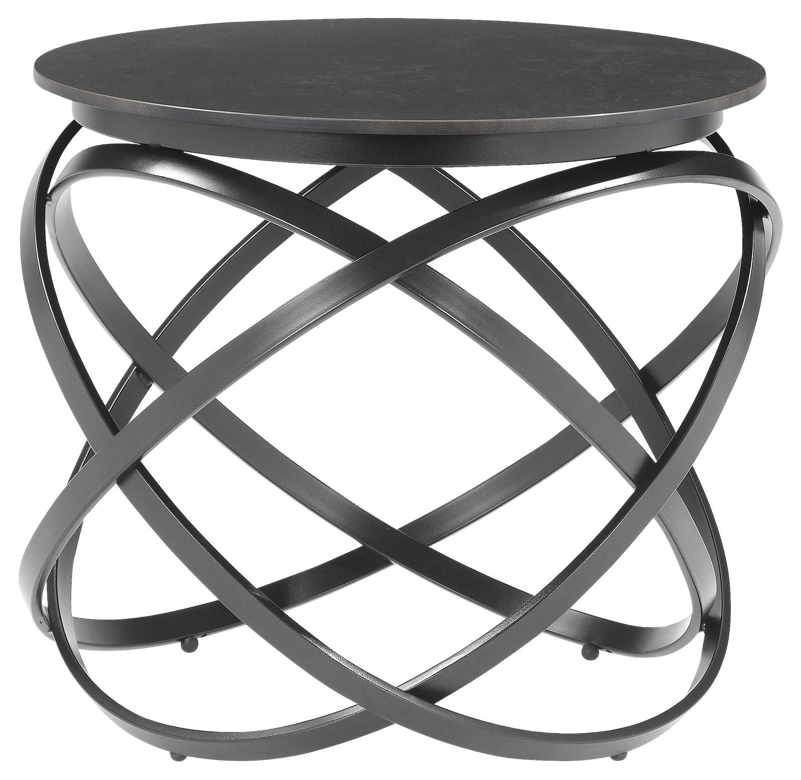 Moderner Beistelltisch mit runder schwarzer Tischplatte und kunstvollem, verschlungenem Metallgestell, Frontalansicht.