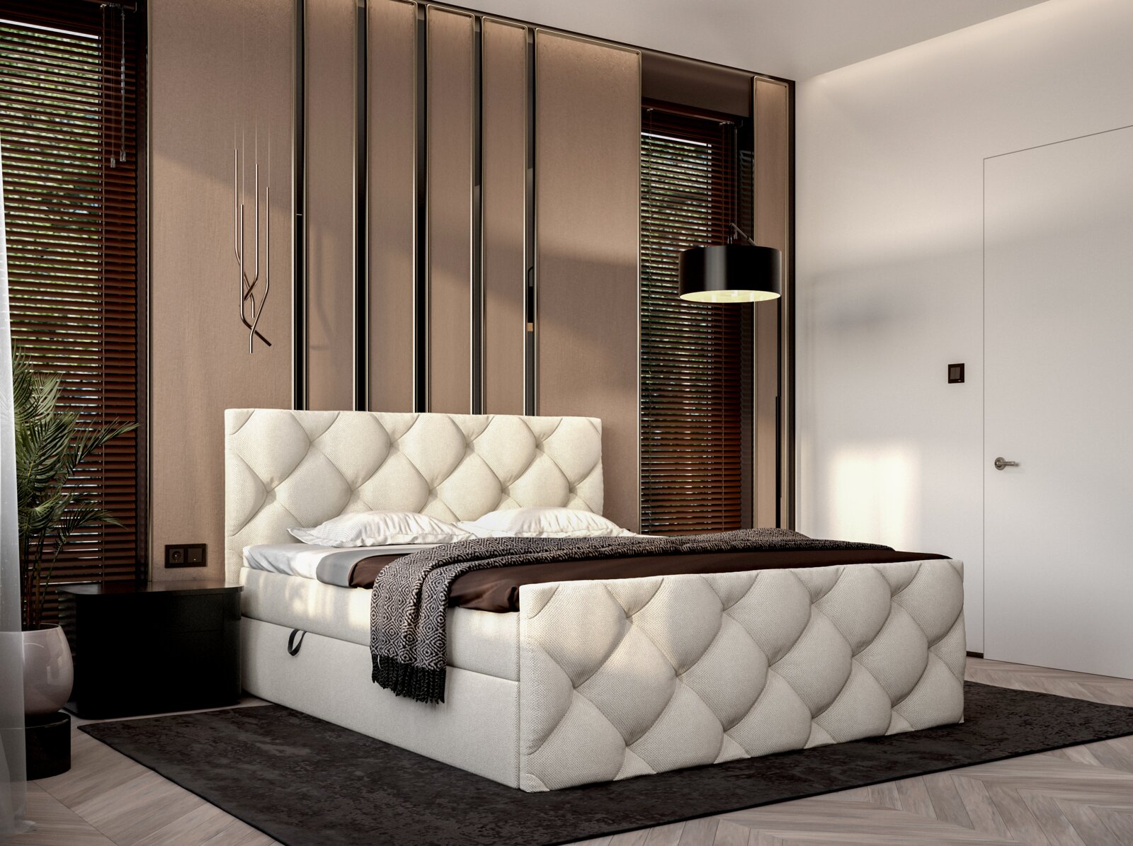 Luxuriöses Boxbett mit gepolstertem Kopf- und Fußteil in einem modernen Schlafzimmer, seitliche Perspektive