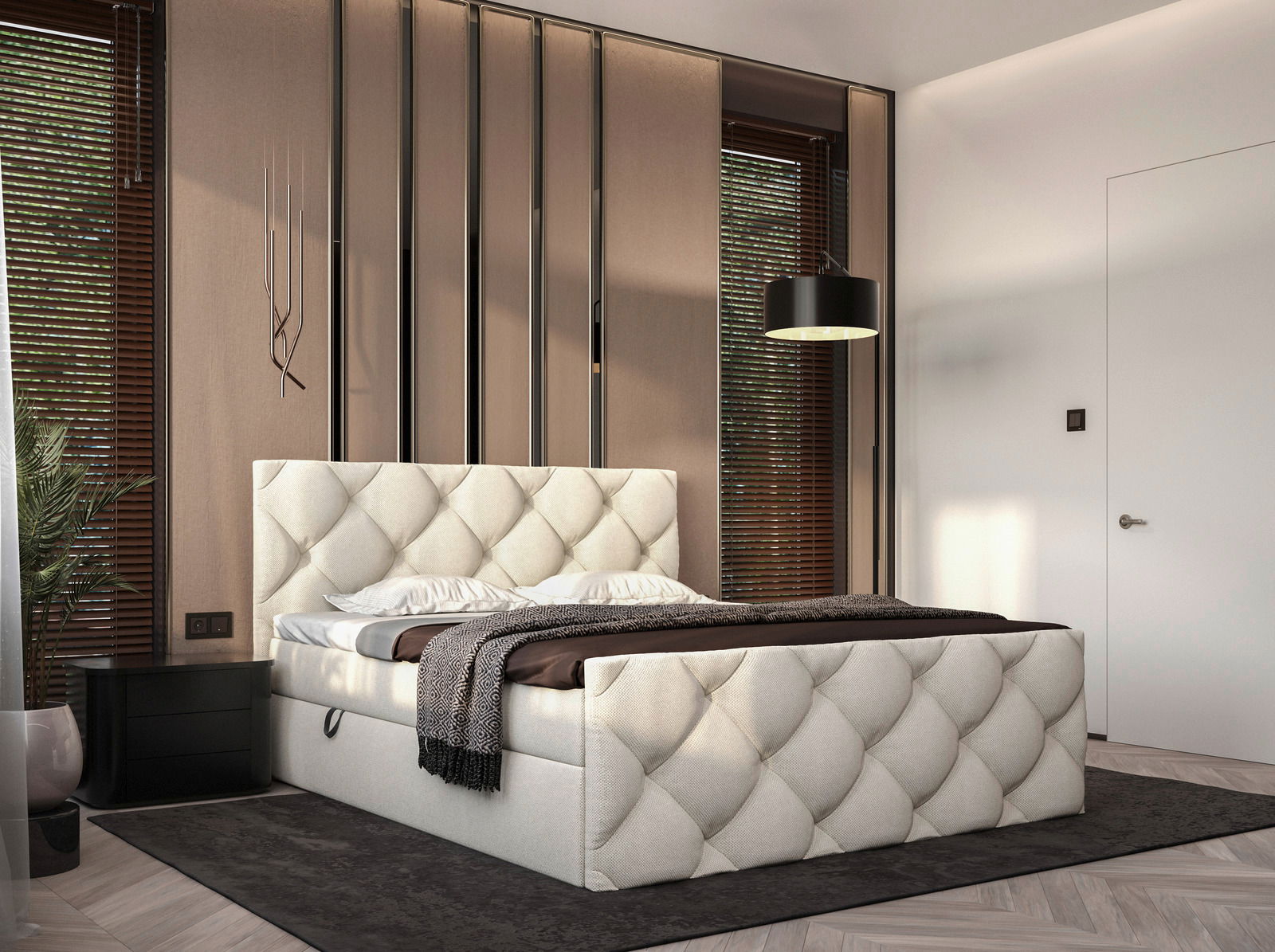 Luxuriöses Boxbett mit gepolstertem Kopf- und Fußteil in einem modernen Schlafzimmer, seitliche Perspektive